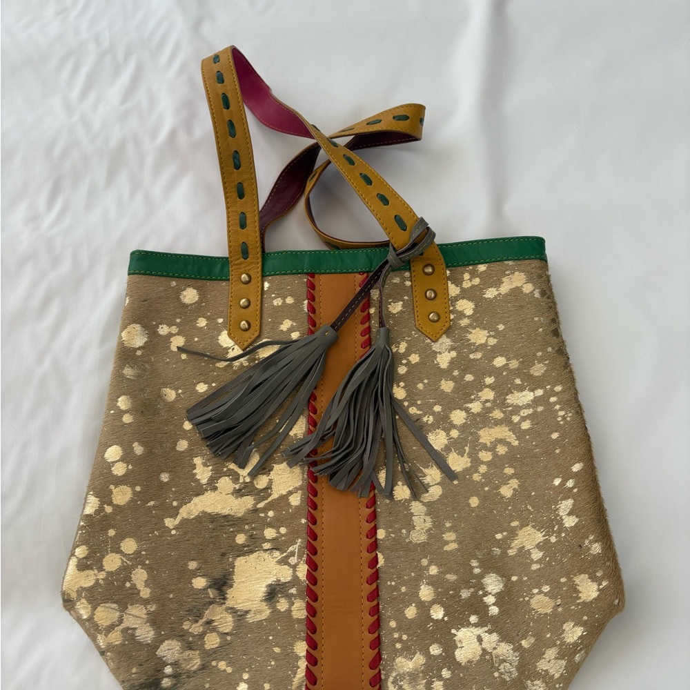 Stylish Tan and Green cowhide Tote Bag